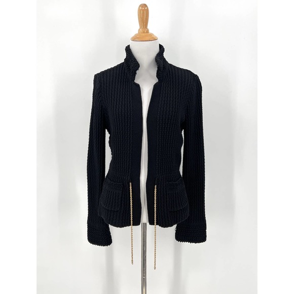 CHANEL Sweaters - CHANEL 2010 Sweater Womens 34 Black Chain Details Open Cardigan Cotton Chunky